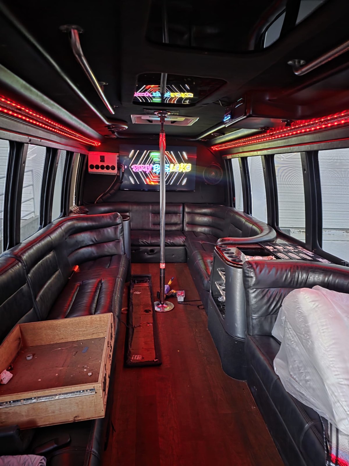 Party Loko Bus lounge seating and red LED details